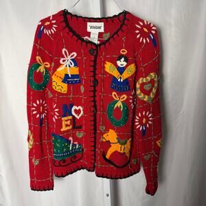 VTG 90s Designers Originals Studio Christmas Cardigan Angel Noel Kitsch Sz S